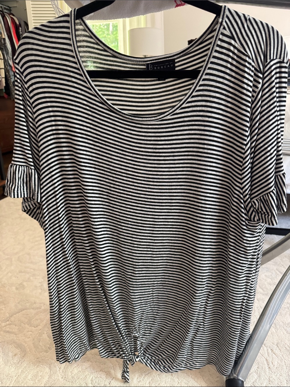 bobeau Black and White Striped Short-Sleeve Tie-Front Tee